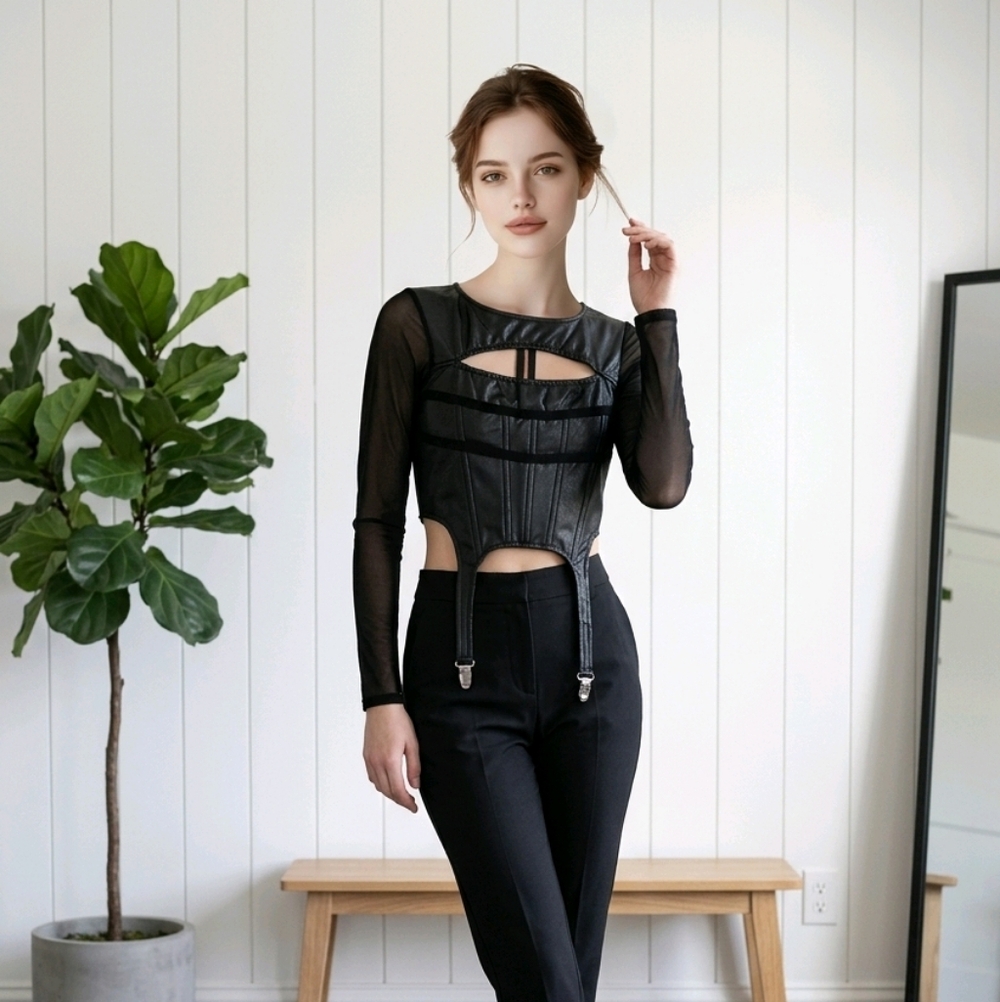Edit by nine black Faux Leather Top, Small Size